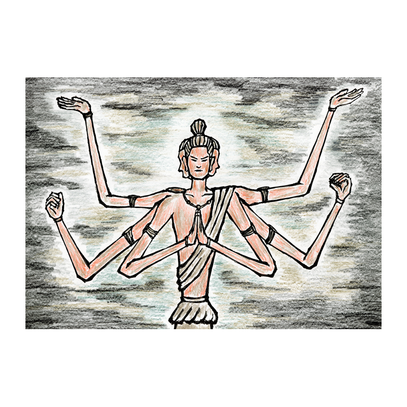 時代物イラスト　阿修羅像　暗雲立ちこむ中に立っている