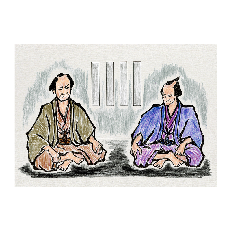 時代物イラスト　江戸時代の町人二人が何かの相談をしている様子だがいったい何の相談なのか？