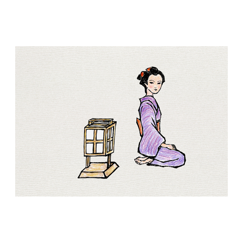 時代物イラスト　行燈に背を向けて、振り返る着物の女性