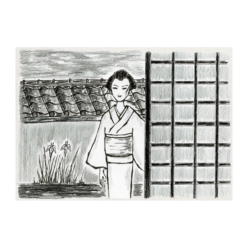 時代物イラスト　モノクロ　武家屋敷　庭が見えている　塀の屋根と菖蒲が見える　障子を開けて着物の女性が部屋の中を見ている