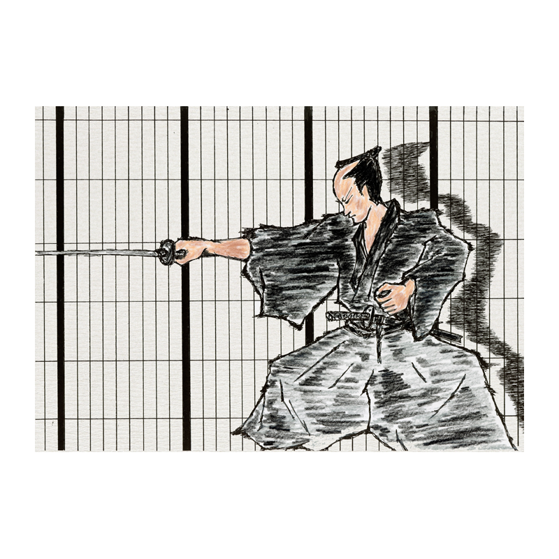 時代物イラスト　障子の前で抜刀する武士