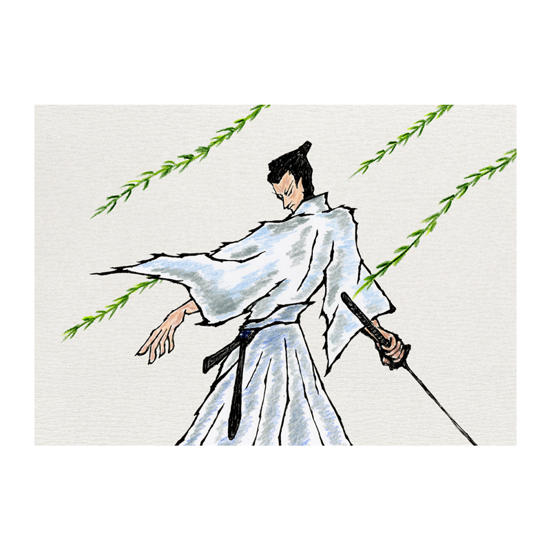 時代物イラスト　柳の中、風に吹かれる侍　右手に刀を持って振り返る
