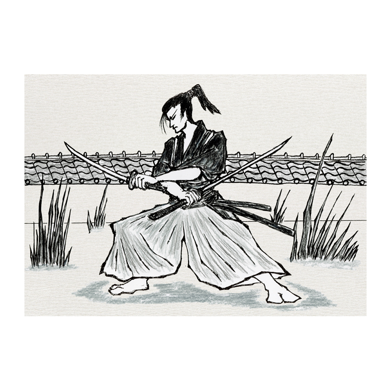 時代物イラスト　モノクロ　二刀流の侍　荒廃した武家屋敷にて　右手に長刀を持ち背後を牽制　左手に脇差を持ち正面を威嚇