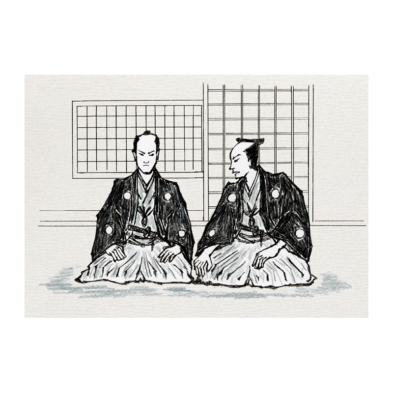 時代物イラスト　モノクロ　羽織袴の侍二人が正座で待機している　片方の侍が興味深々で問いかけるが、聞かれた方は知らぬ顔