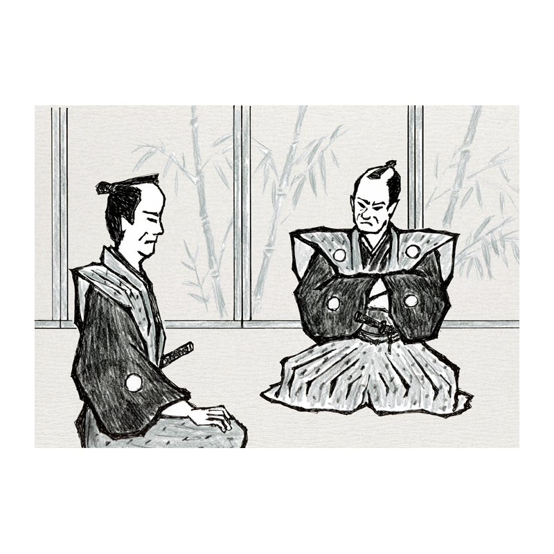 時代物イラスト　モノクロ　広間にて裃の家老二人が相談している 襖の前に座る二人　一人が腕を組み問いかける　もう一人は膝に手を置き思案する