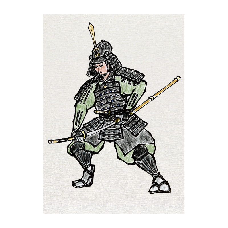 時代物イラスト　徳川四天王の榊原康政　甲冑姿で陣太刀を抜く