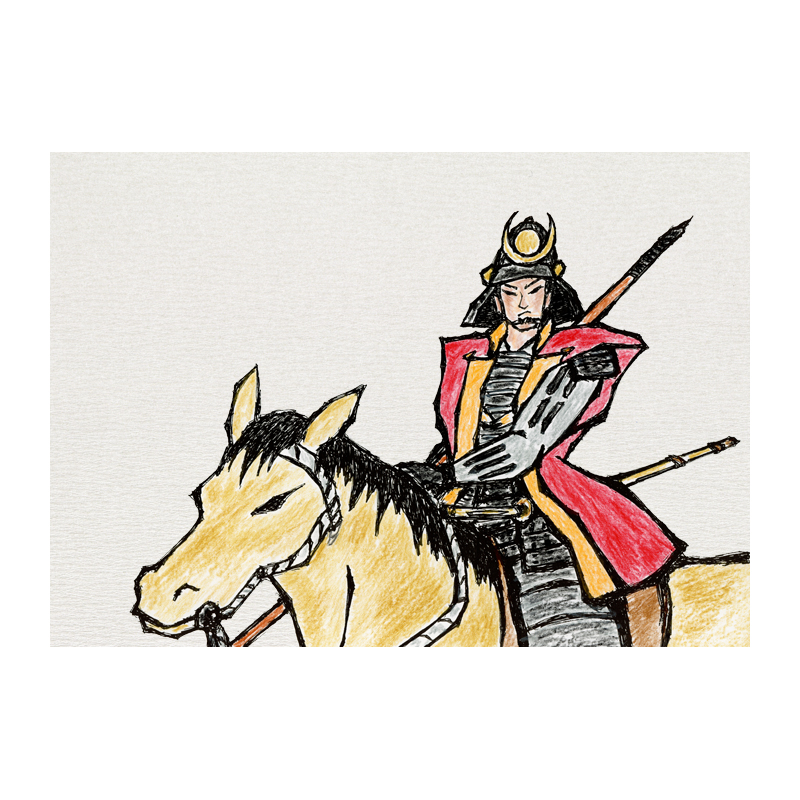 時代物イラスト　騎馬武者　黒い甲冑に赤い陣羽織　右手に槍を持ち栗毛の馬に跨っている
