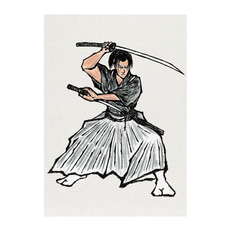 時代物イラスト　二刀流の武士が右手は上段に構え、左手は脇差に手をかけて抜こうとしている所