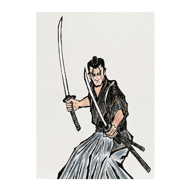 時代物イラスト　黒い着物の武士が右手に長刀左手に脇差を握り敵を迎え撃つ