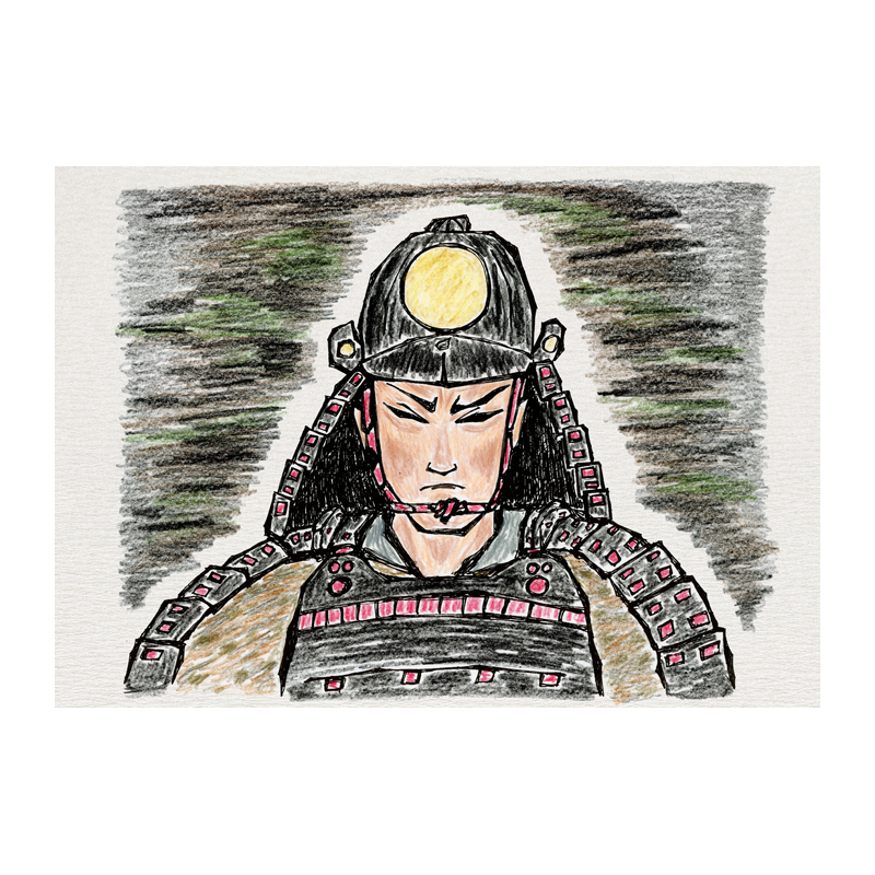 時代物イラスト　戦国時代　黒い甲冑に兜をかぶる武士