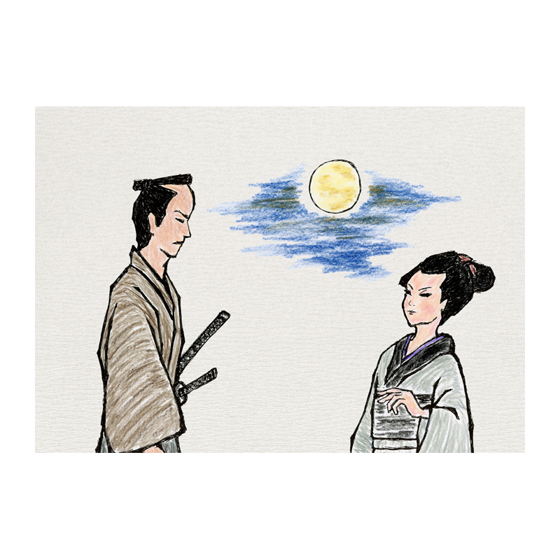 時代物イラスト　月夜に侍と女性が偶然に出くわし驚く女性。