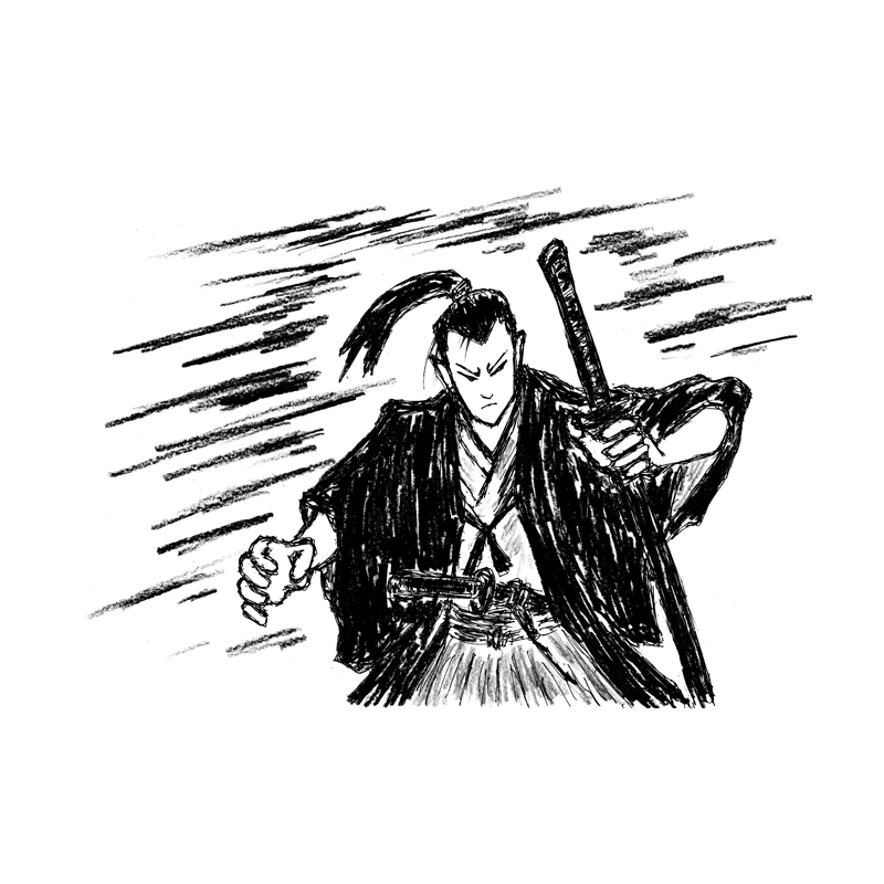 ふり向く侍。背後から気配を感じる。