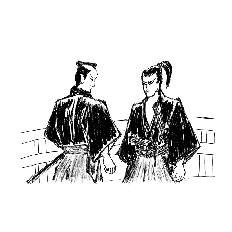 橋の上に出会う侍。二人の侍が橋の上ですれ違う