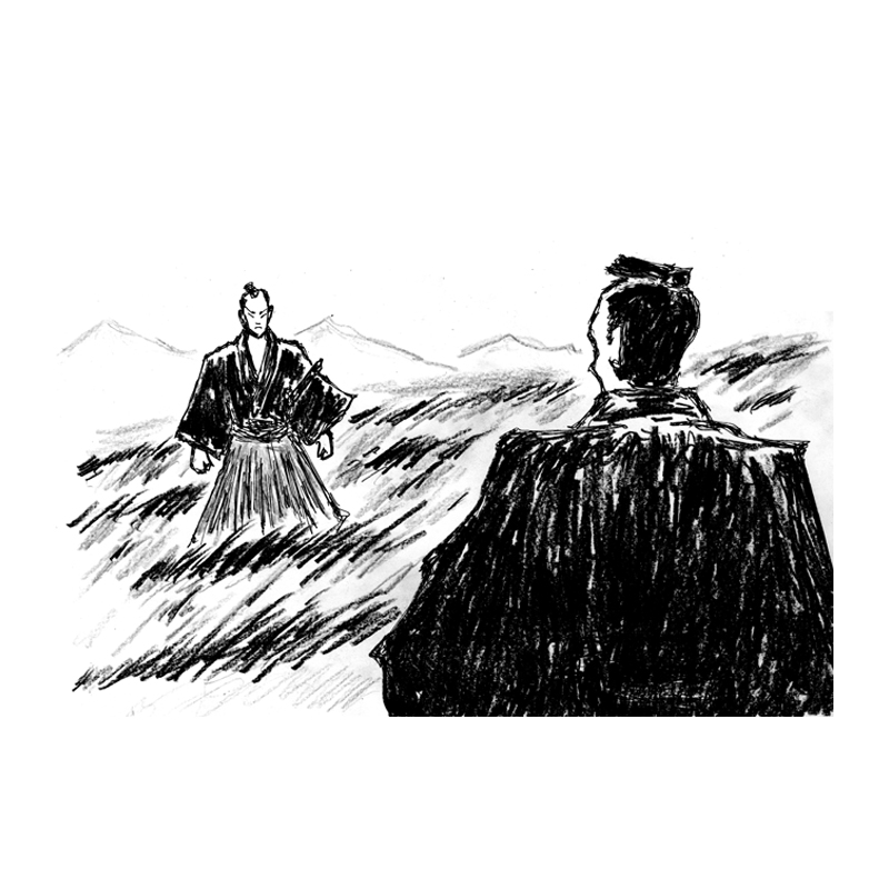 草原にて向き合う侍