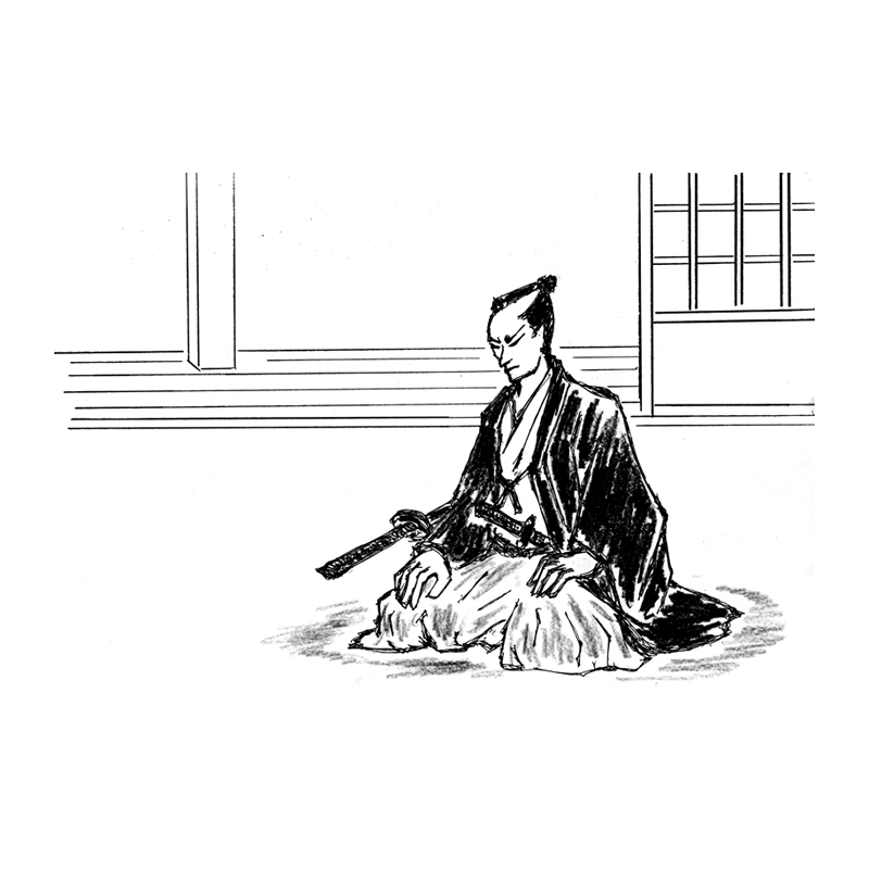 侍が広間にて一人座っているモノクロ画像