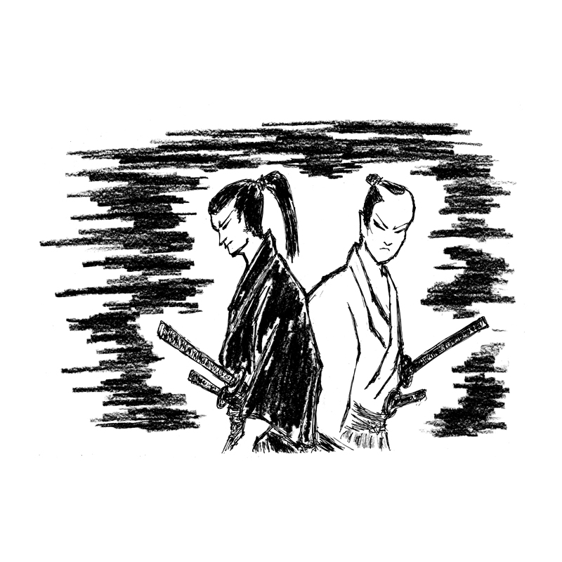 すれ違う侍　モノクロ画像　時代物イラストレーター荒井浩之進による時代物イラスト